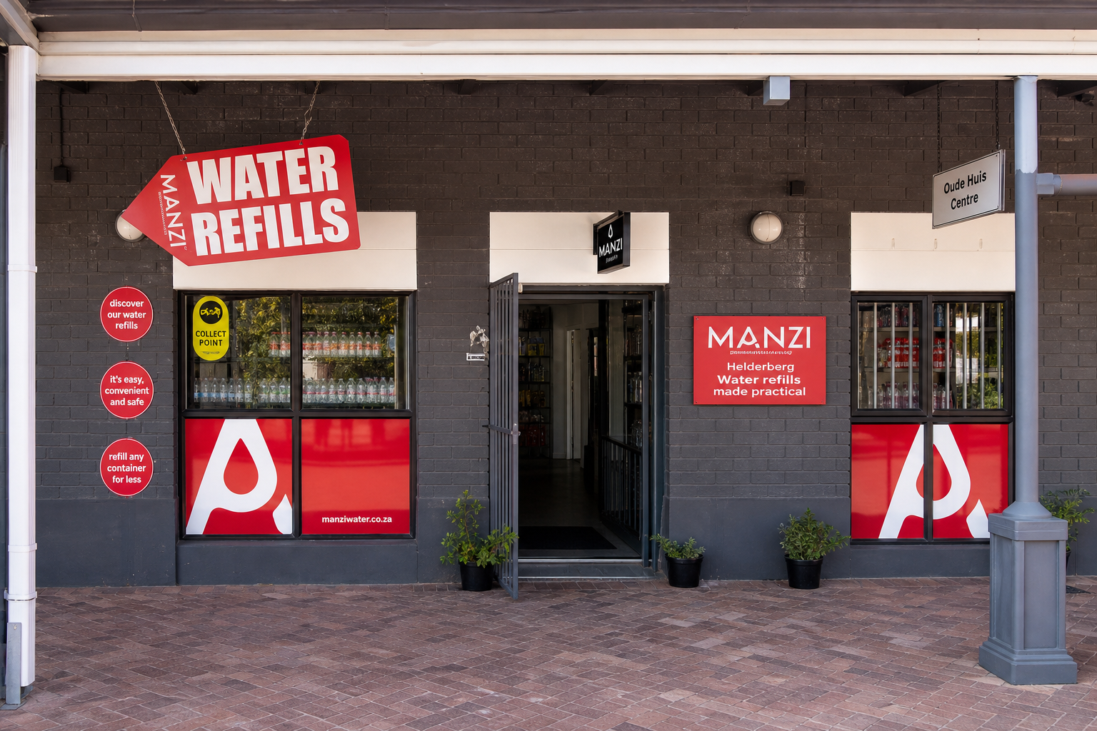 Front-facing view of the MANZI Water Refills store at Oude Huis Centre